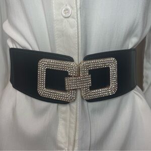 Black PU leather buckle with rhinestones details elastic waistband belt